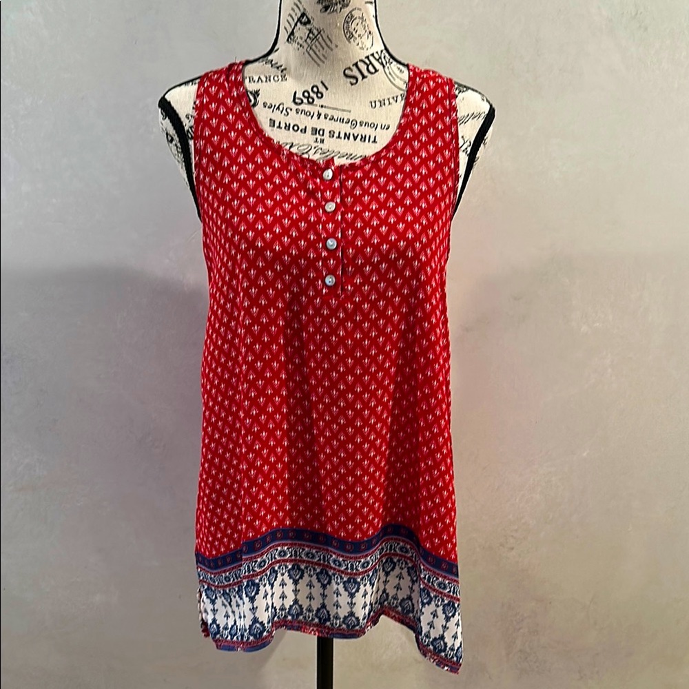 Red Sleeveless Top with Blue Accents